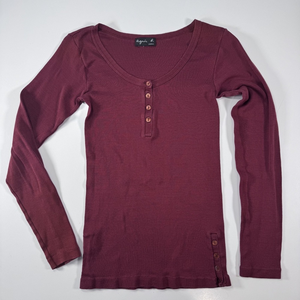 Vintage Agnes B. Paris Fitted Knit Henley Round Neck Maroon Red Womens XSmall